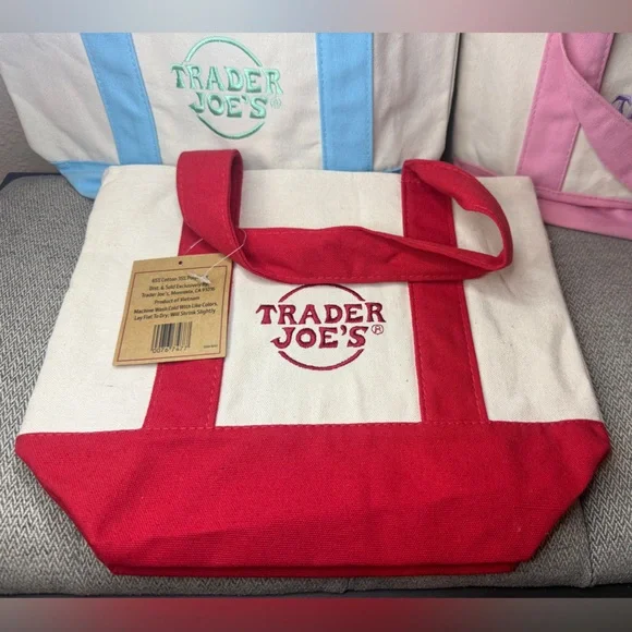 Trader Joe’s Mini Canvas Tote Bags— 2 Pastels (Pink & Blue) + 1 Red (3 total) - Picture 5 of 11